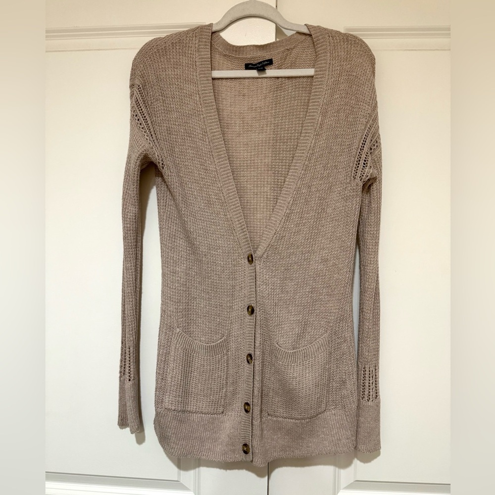 American Eagle Outfitters Taupe Open-Knit Button Front Cardigan